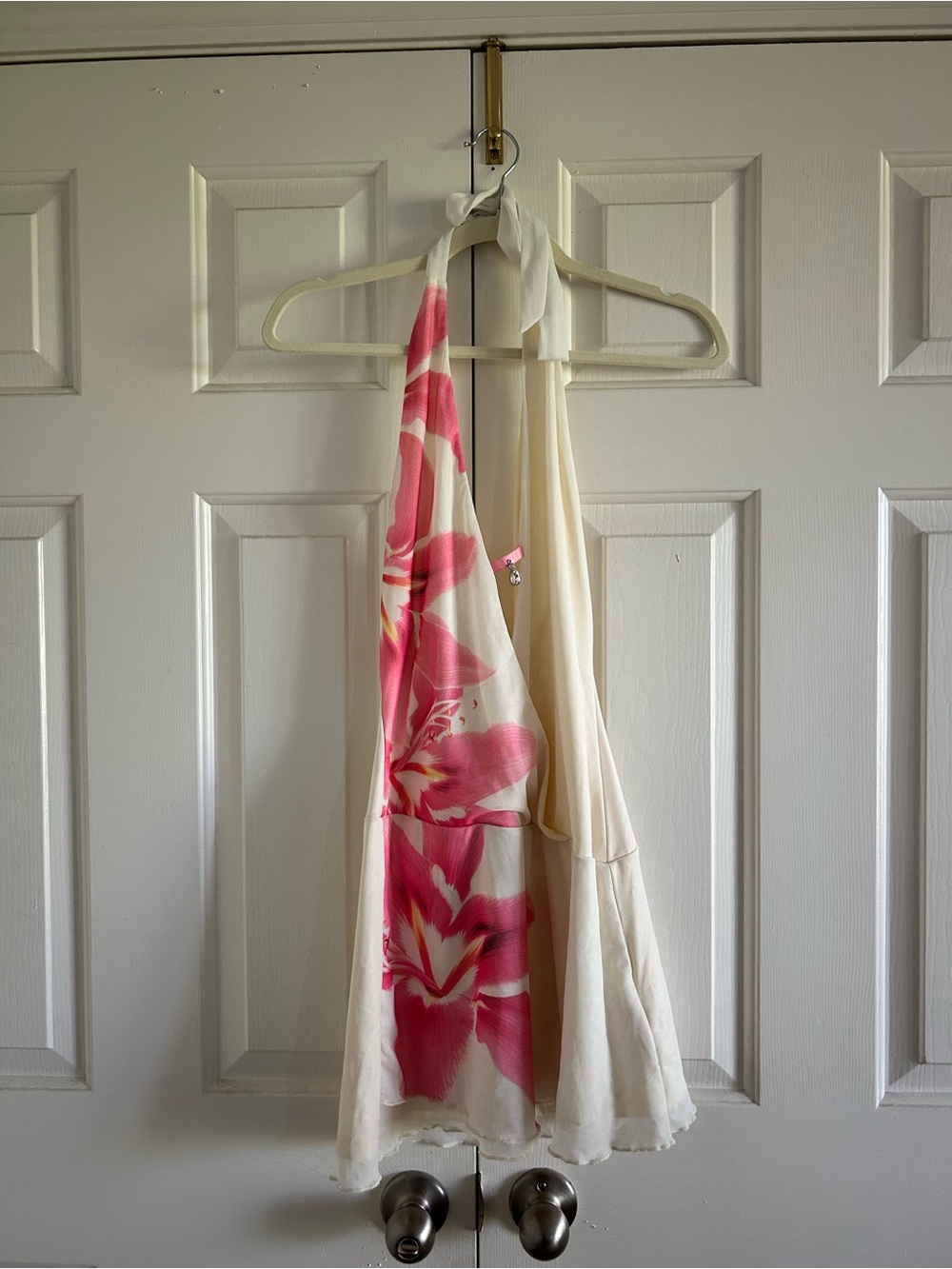 Cream Halter Dress with Pink Floral Print S